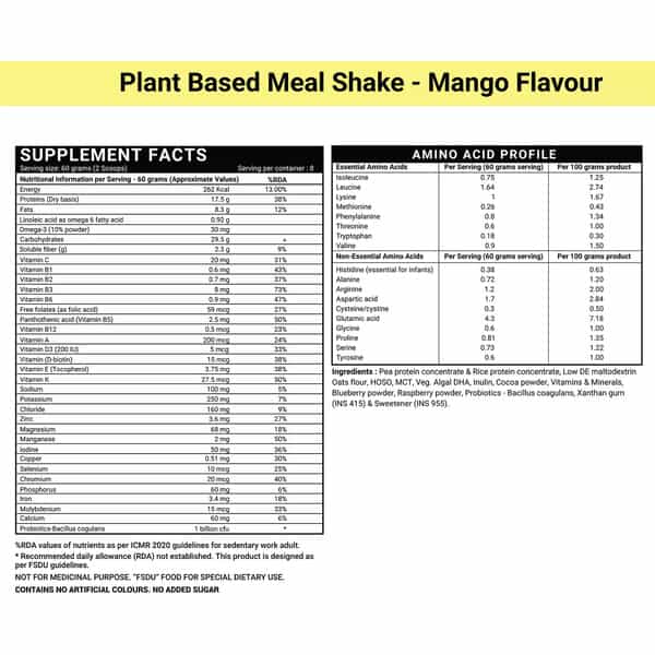 Inlife Plant Based Meal Replacement Shake | Plant Protein Powder (17.5 Protein) | 500G (Mango)