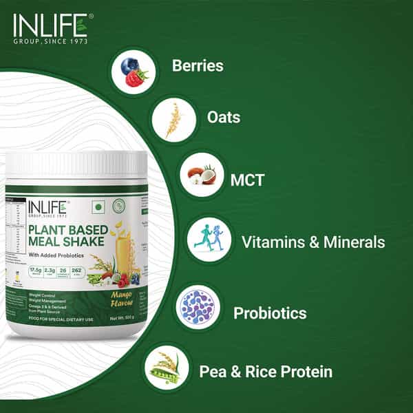 Inlife Plant Based Meal Replacement Shake | Plant Protein Powder (17.5 Protein) | 500G (Mango)