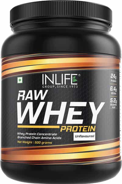 Inlife 100% Raw Whey Protein Powder Concentrate Instantized - 1.1 Lb/500Gm 16 Servings(Unflavoured)