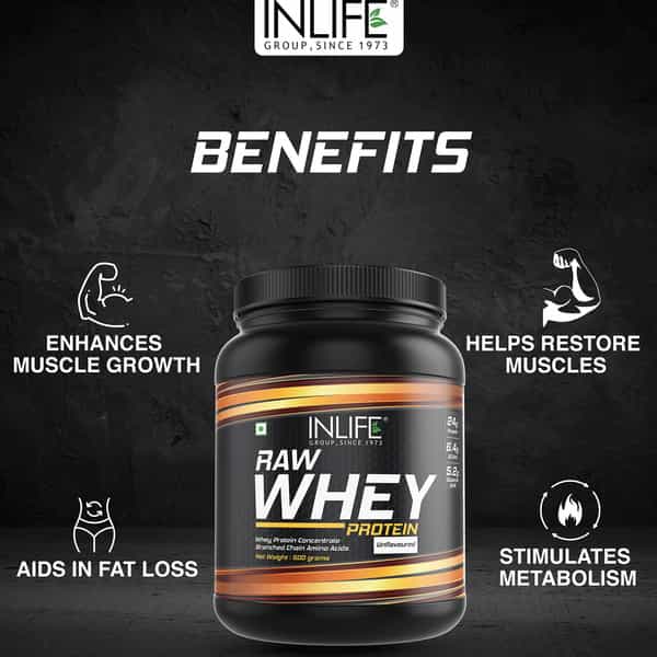 Inlife 100% Raw Whey Protein Powder Concentrate Instantized - 1.1 Lb/500Gm 16 Servings(Unflavoured)