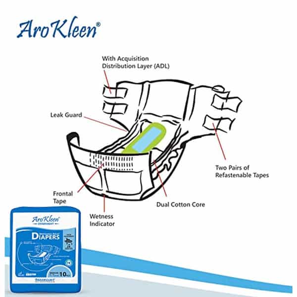 Aro Kleen Overnight Adult Diaper Tape Style Medium 10 Pcs Per Packet Pack Of 6