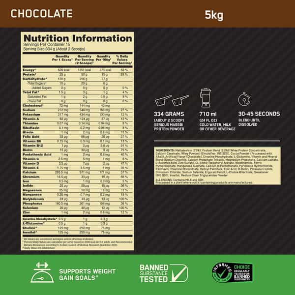 Optimum Nutrition (On) Serious Mass High Weight Gain Powder - 11 Lbs 5 Kg (Chocolate)