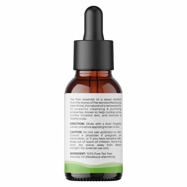 Aravi Organic Tea Tree Essential Oil - Fights Acne | Dandruff & Soothes Scalp - 15Ml