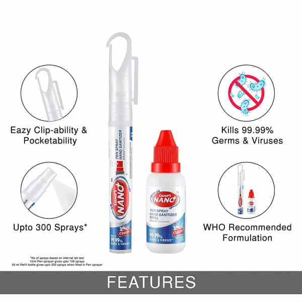 Luxor Nano Pen Sanitizer Spray With Refill Bottle 10 Ml + 20 Ml - Classic