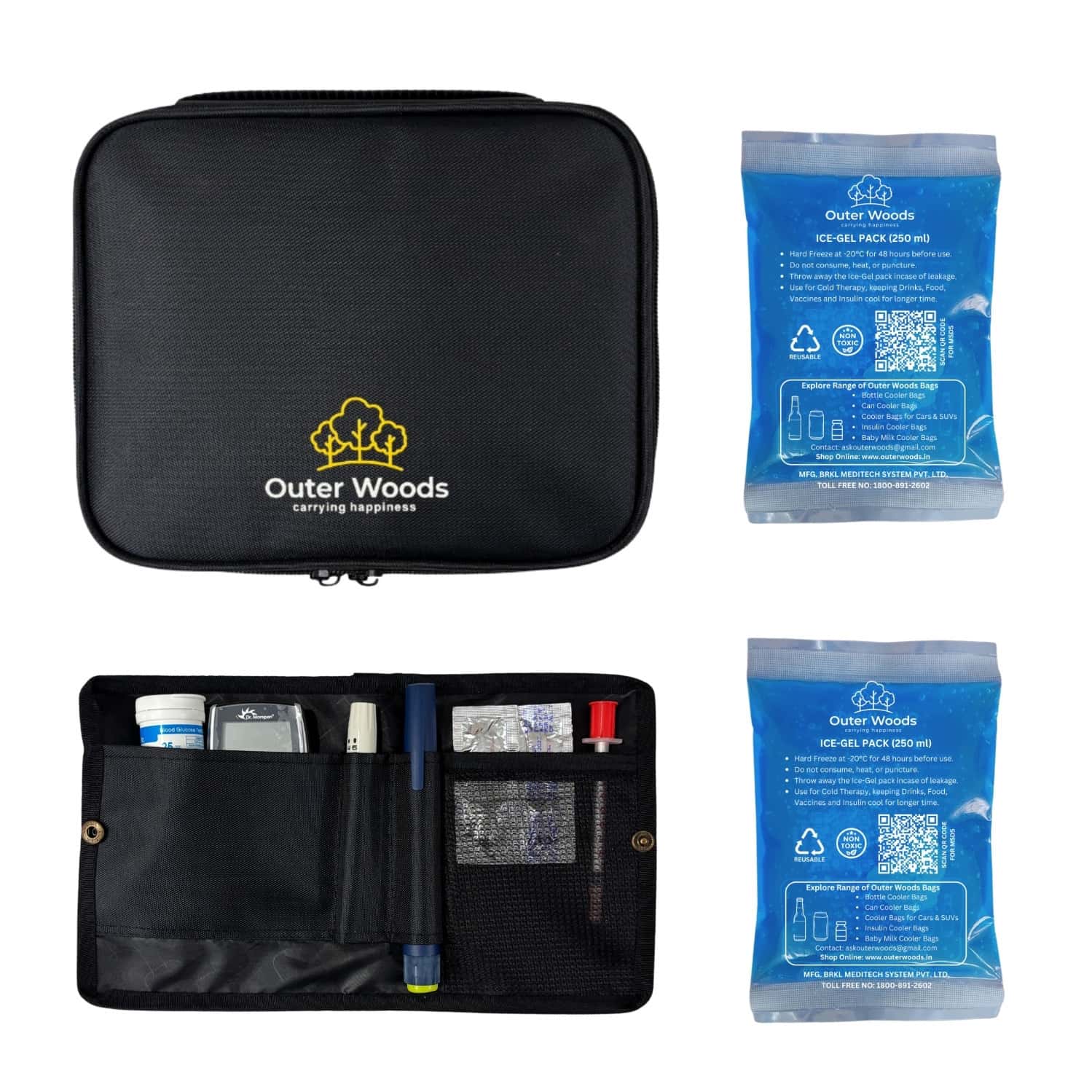 Outer Woods Insulin Cooler Bag Plus With 2 Ice Gel Packs | 12+ Hrs Cooling | Insulin Carrier - Black