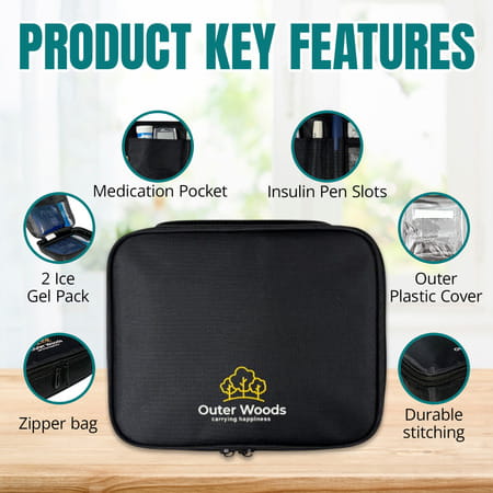 Outer Woods Insulin Cooler Bag Plus With 2 Ice Gel Packs | 12+ Hrs Cooling | Insulin Carrier - Black