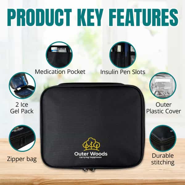 Outer Woods Insulin Cooler Bag Plus With 2 Ice Gel Packs | 12+ Hrs Cooling | Insulin Carrier - Black