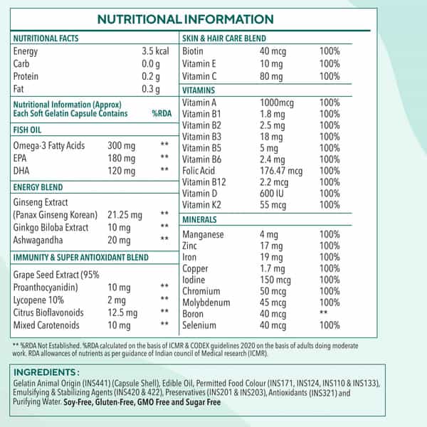 Zingavita Multivitamin + Omega 3 Fish Oil For Men & Women 120 Capsules