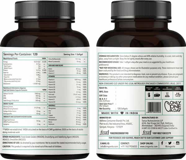 Zingavita Multivitamin + Omega 3 Fish Oil For Men & Women 120 Capsules