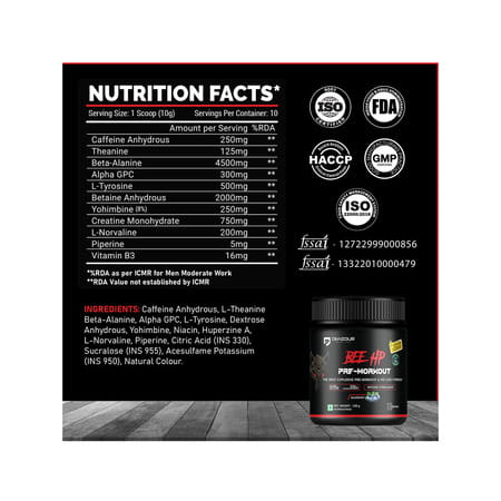 Denzour Nutrition Bee Hp Pre Workout Powder | Energy | Strength & Muscle Pump | Blueberry Flav 100G