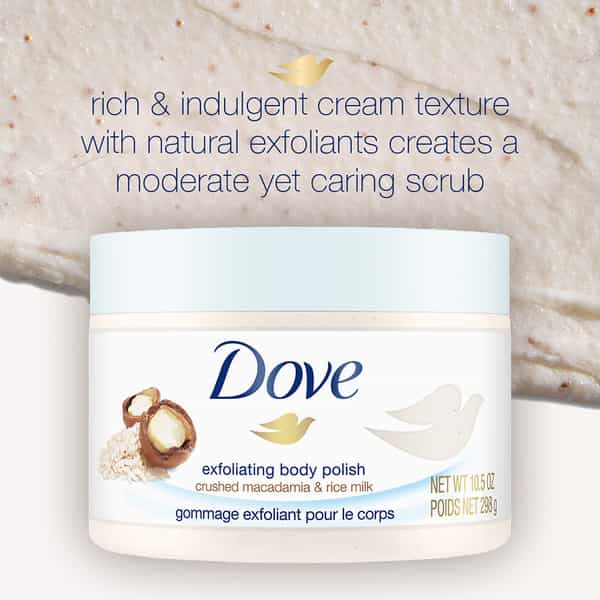Dove Exfoliating Body Polish Crushed Macadamia And Rice Milk Removes Dull & Dry Skin- 298Gm