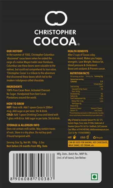 Christopher Cocoa Activated Charcoal Dark Cocoa Black Unsweetened 100G