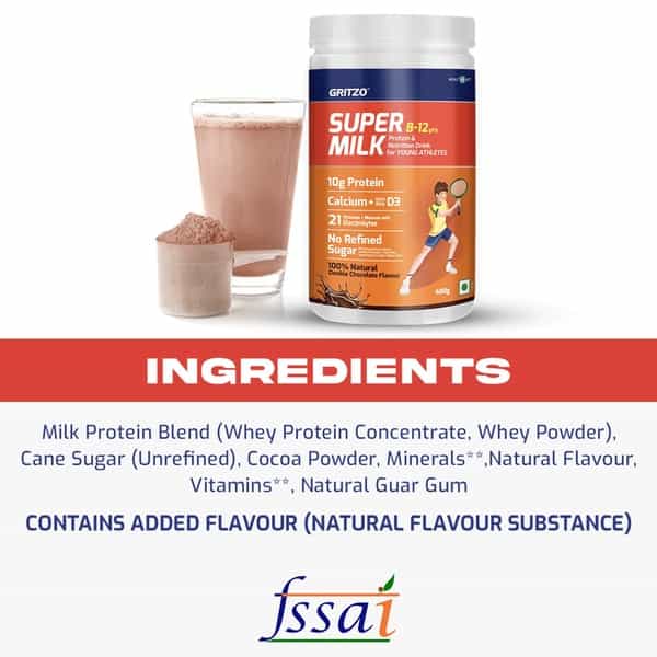 Gritzo Supermilk 8-12Y (Young Athletes) Nutrition Drink- 400 G Natural Double Chocolate