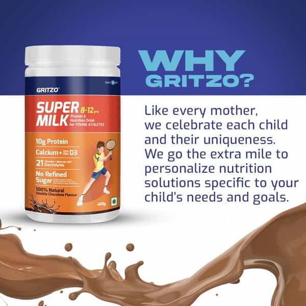Gritzo Supermilk 8-12Y (Young Athletes) Nutrition Drink- 400 G Natural Double Chocolate