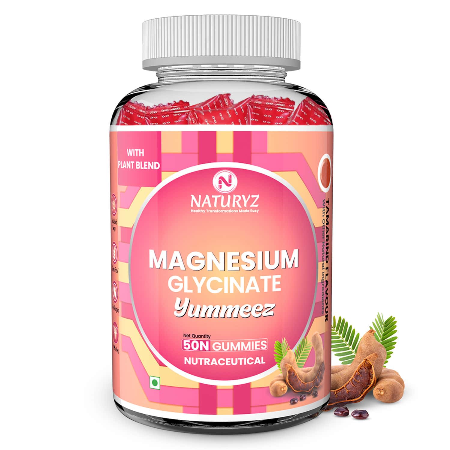 Naturyz Magnesium Glycinate Gummies With Plant Blend For Muscle, Bone Health - 50 Gummies (Tamarind)