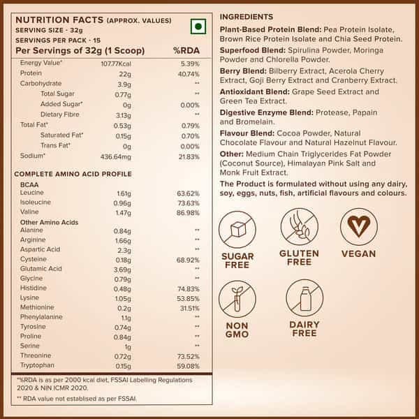 Wellbeing Nutrition Organic Vegan Plant Protein Isolate | Dark Chocolate Hazelnut - 500Gm