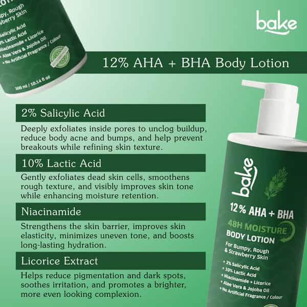 Bake 12% Aha + Bha Exfoliating Body Lotion With 48H Moisture For Rough & Bumpy Skin Relief | 300Ml