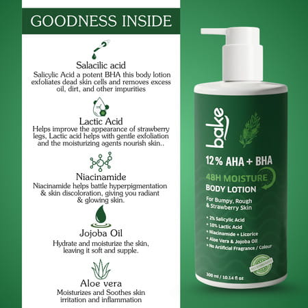 Bake 12% Aha + Bha Exfoliating Body Lotion With 48H Moisture For Rough & Bumpy Skin Relief | 300Ml