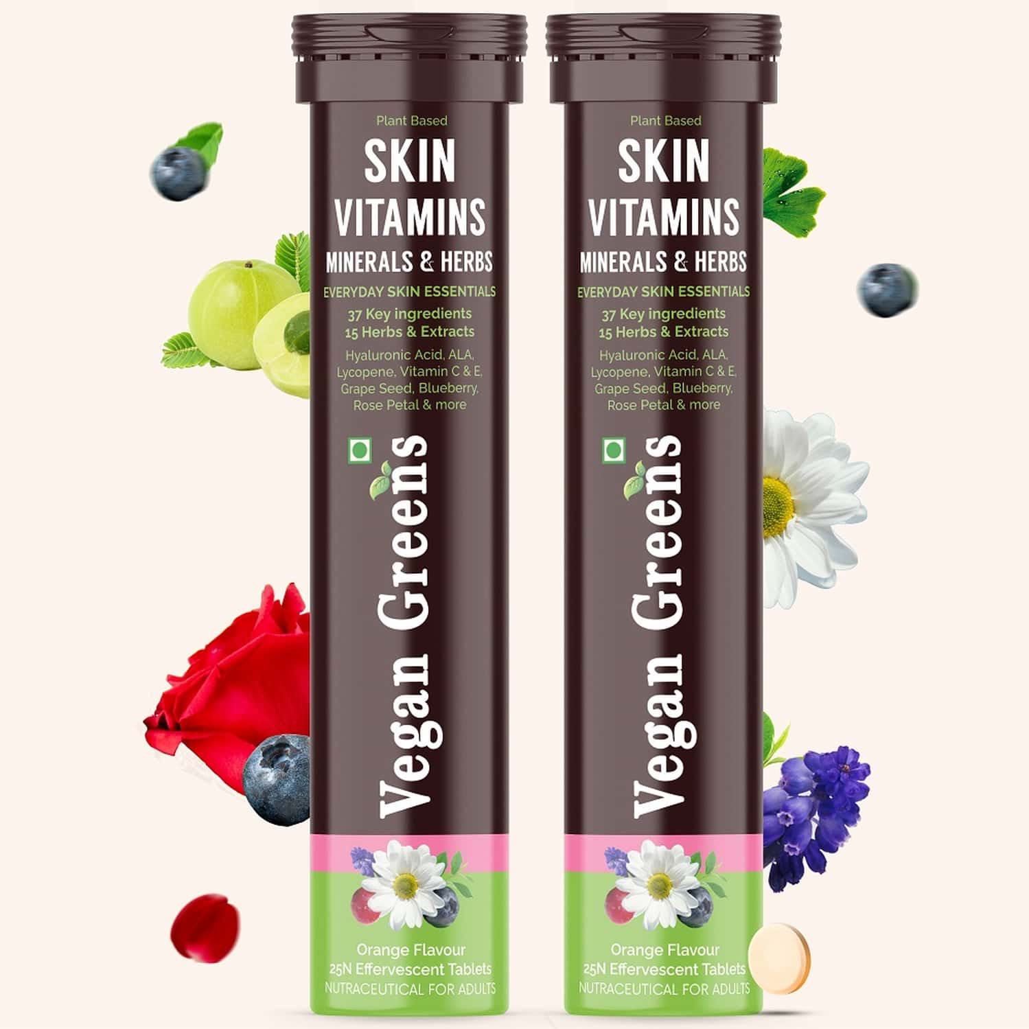 Vegan Greens Skin Vitamins 37 Ingredients, Herbs +hyaluronic Acid, Ala, Vit. E &c- 50 Effer., Orange