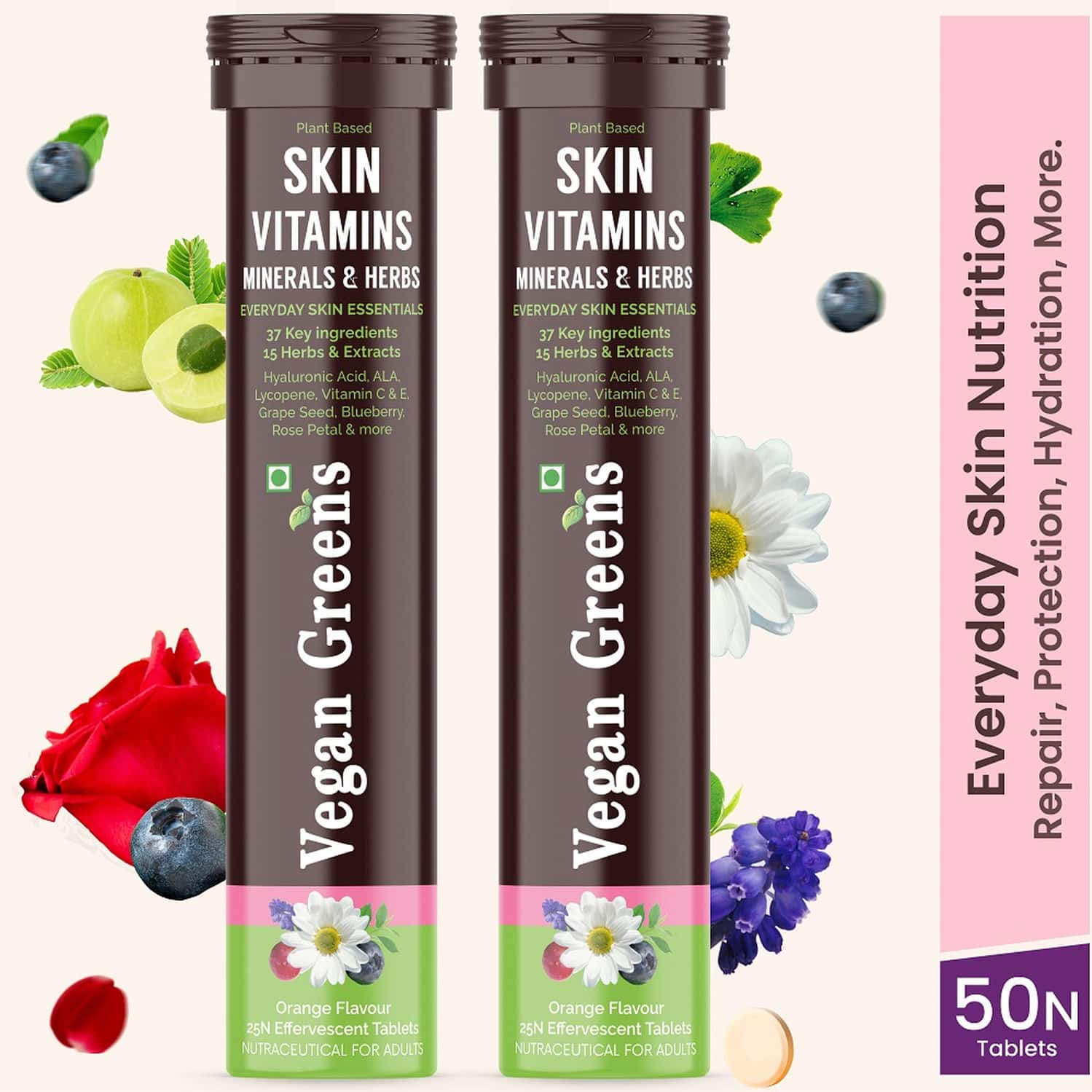 Vegan Greens Skin Vitamins 37 Ingredients, Herbs +hyaluronic Acid, Ala, Vit. E &c- 50 Effer., Orange