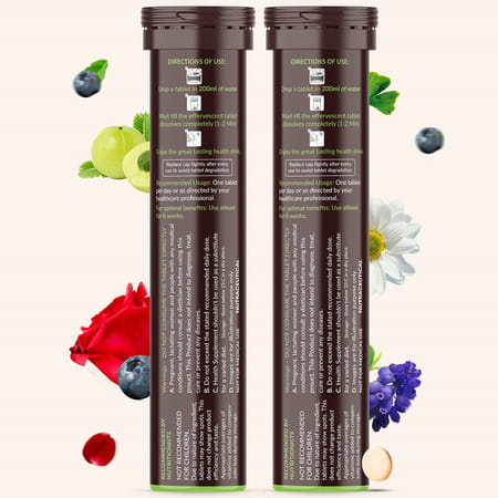 Vegan Greens Skin Vitamins 37 Ingredients, Herbs +Hyaluronic Acid, Ala, Vit. E &C- 50 Effer., Orange