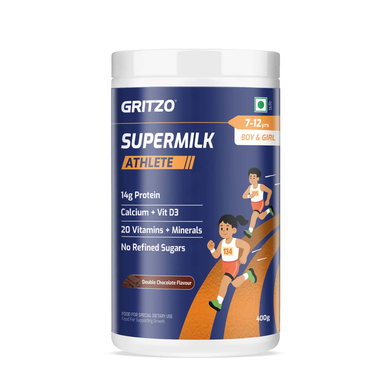 Gritzo Supermilk Athlete (7-12y Boy & Girl) | 14g Protein Powder (double Chocolate | 400g)