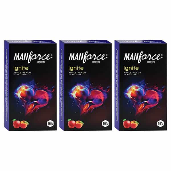 Manforce Ignite Apple-Peach Flavoured Extra Dotted Box Condoms (Set Of 3 30 Pcs)