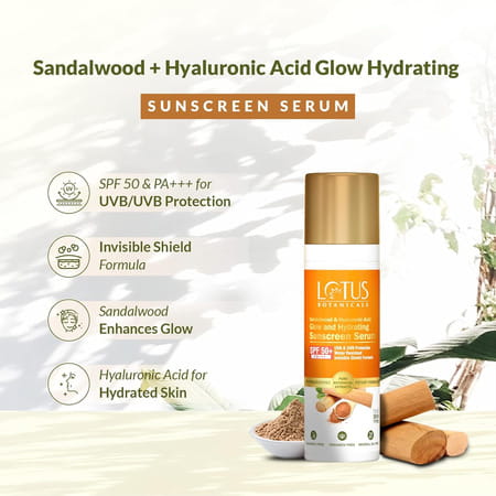 Lotus Botanicals Sandalwood & Hyaluronic Acid Glow And Hydrating Sunscreen Serum | Spf 50+ | 30ml