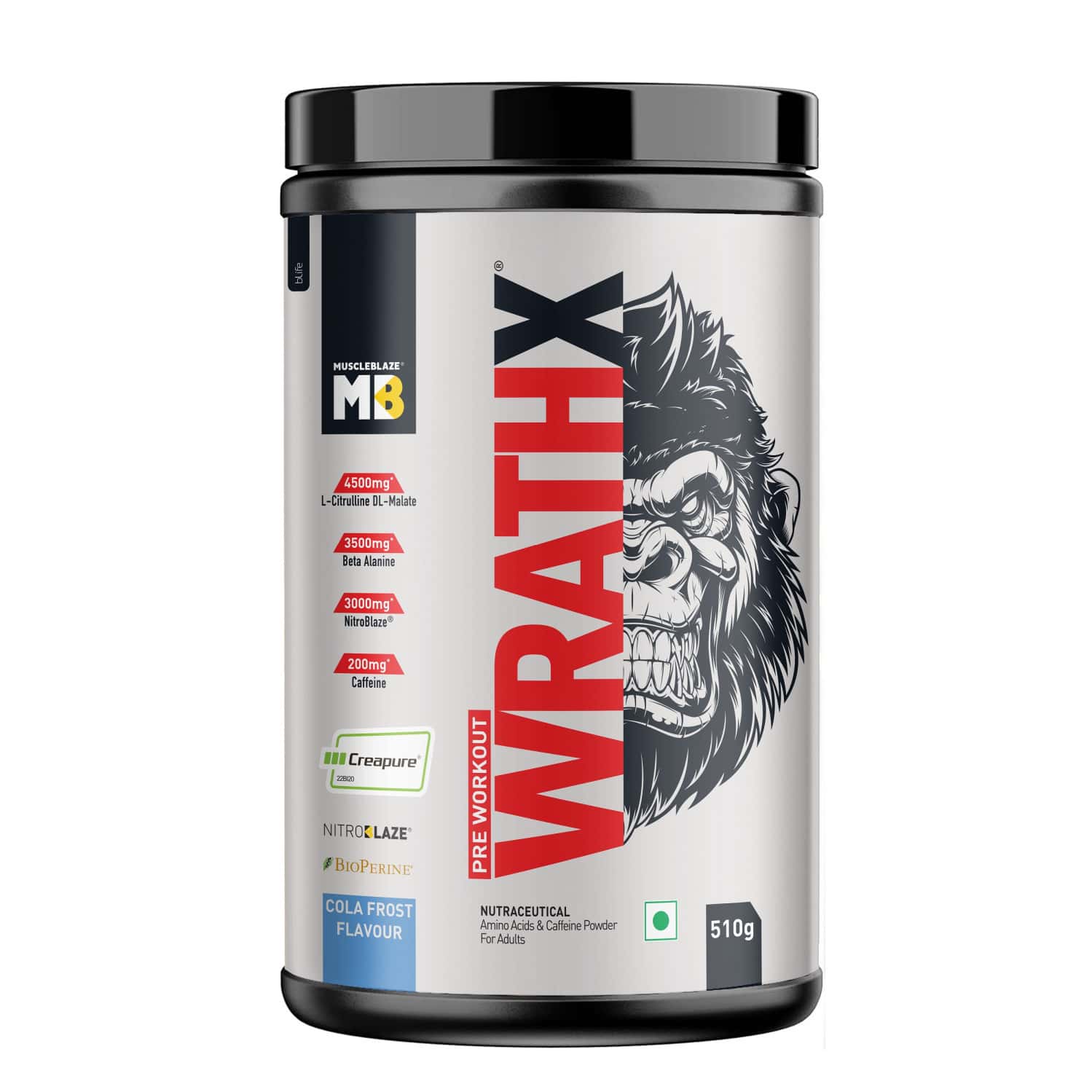 Muscleblaze Pre Workout Wrathx With Creapure ? | Nitroblaze & Bioperine (Cola Frost | 510 G)