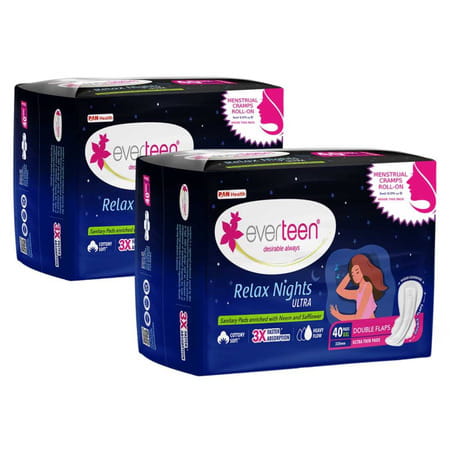 Everteen Xxl Relax Nights Ultra Thin Pads & Menstrual Cramps Roll-On (40 Pads Each, 320mm) | 2 Packs