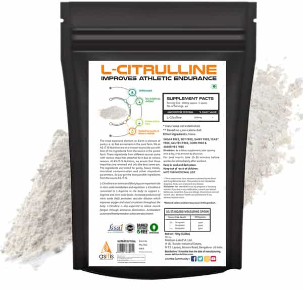 As-It-Is Nutrition Pure L-Citrulline Powder Boosts Nitric Oxide & Muscle Growth - 100G Pouch