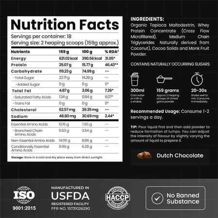 Athlab Unreal Gains Mass Gainer | Naturally Flavoured & Sweetened - Dutch Chocolate | 3 Kg