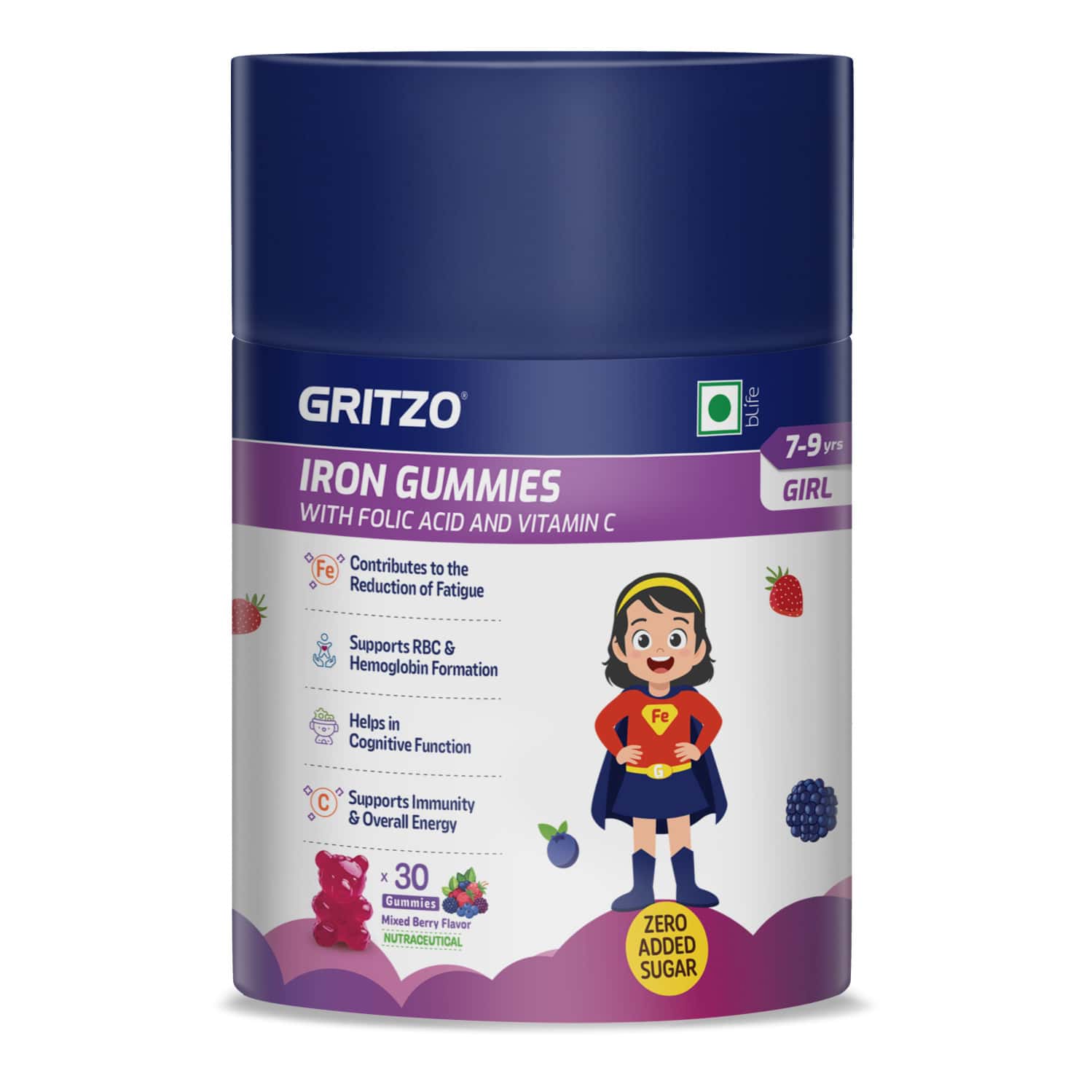 Gritzo Iron Gummies With Folic Acid & Vitamin C (7-9y Girls) (mixed Berry Flavour | 30 Gummies)