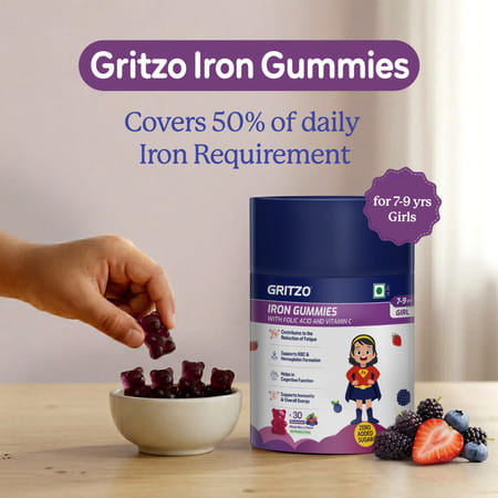 Gritzo Iron Gummies With Folic Acid & Vitamin C (7-9Y Girls) (Mixed Berry Flavour | 30 Gummies)