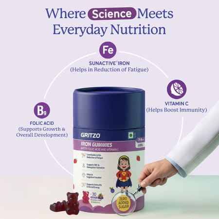 Gritzo Iron Gummies With Folic Acid & Vitamin C (7-9Y Girls) (Mixed Berry Flavour | 30 Gummies)