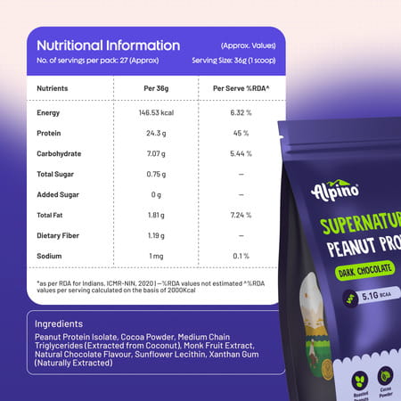 Alpino Supernatural Peanut Protein Powder Dark Chocolate Pouch 1 Kg