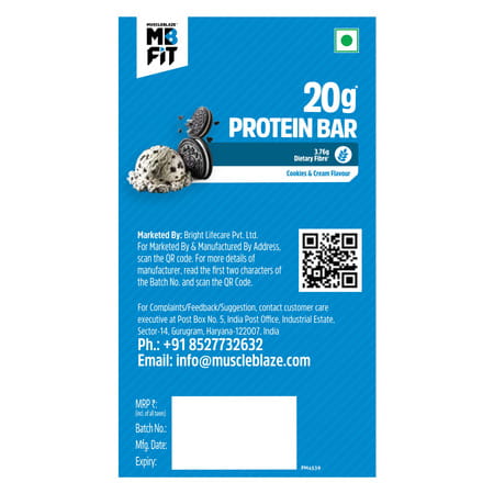 Muscleblaze 20G Protein Bar (Cookies & Cream | Pack Of 6) | Protein Blend
