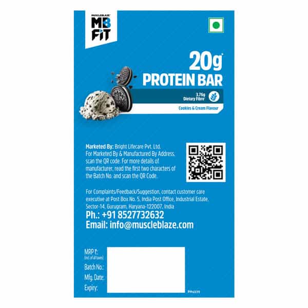 Muscleblaze 20G Protein Bar (Cookies & Cream | Pack Of 6) | Protein Blend