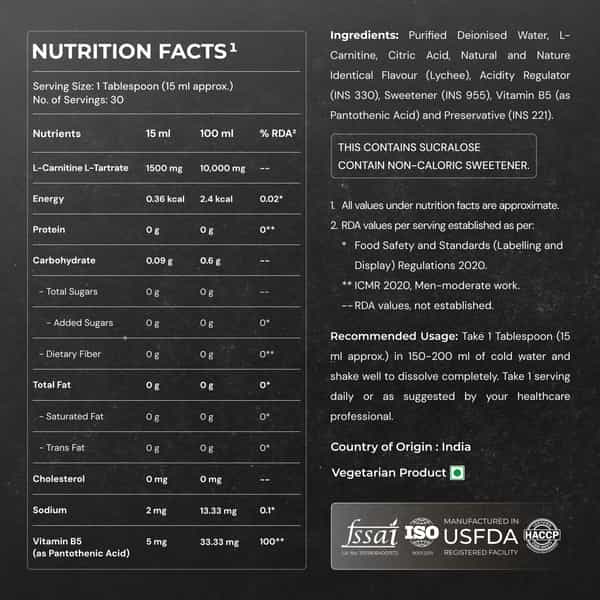 Buy NUTRABAY PRO LIQUID L-CARNITINE WITH VITAMIN B5 - 450 ML | LYCHEE CRUSH