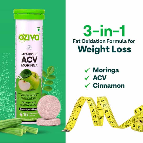 Oziva Acv Moringa Weight Loss Tablets | 3-In-1 Fat Oxidation Formula | No Added Sugar | 30 Tablets