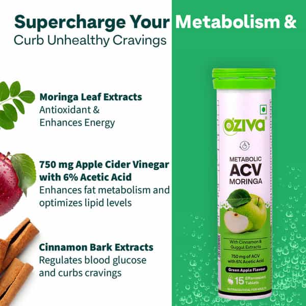 Oziva Acv Moringa Weight Loss Tablets | 3-In-1 Fat Oxidation Formula | No Added Sugar | 30 Tablets