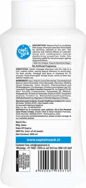 Captain Zack Wassup Pup Gentle & Safe Shampoo For Puppies 200 Ml