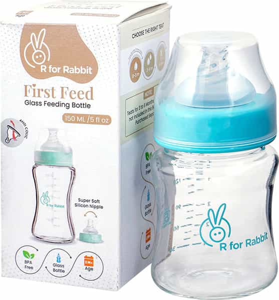 R For Rabbit First Feed Glass Bottle -150 Ml Lake Blue