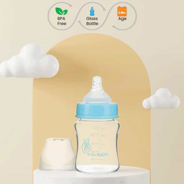 R For Rabbit First Feed Glass Bottle -150 Ml Lake Blue