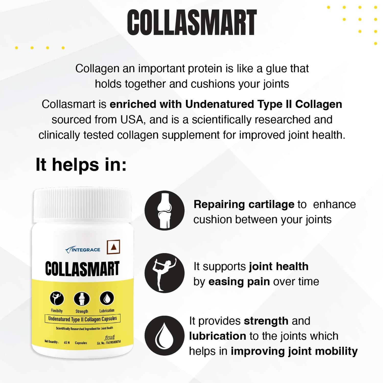 Buy COLLASMART UCII UNDENATURED TYPE II COLLAGEN CAPSULES JAR OF 45