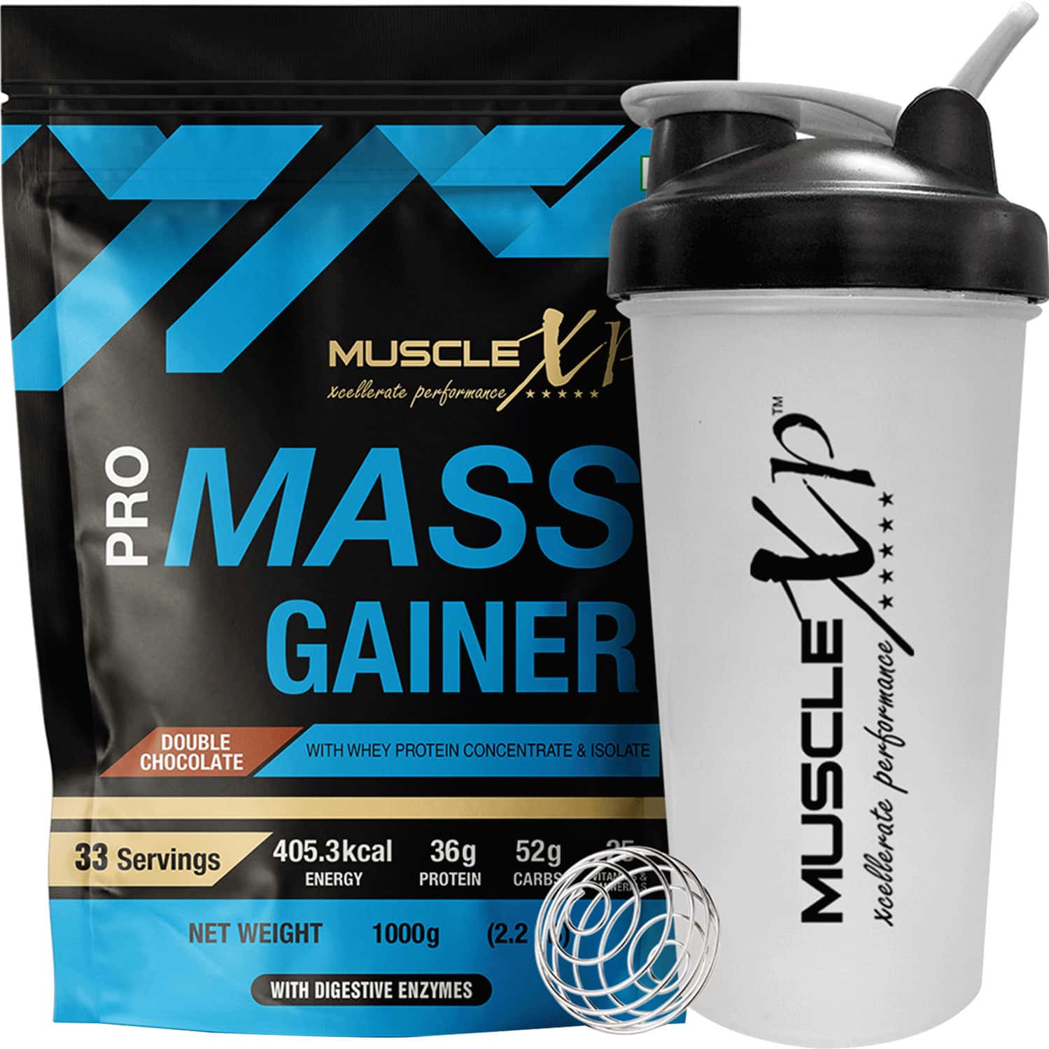 Musclexp Pro Mass Gainer - With Whey Protein Whey Isolate - Double Chocolate 1kg (pouch) + Shaker