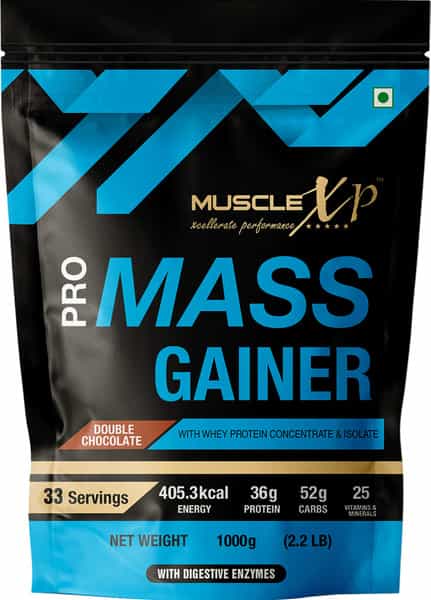 Musclexp Pro Mass Gainer - With Whey Protein Whey Isolate - Double Chocolate 1Kg (Pouch) + Shaker
