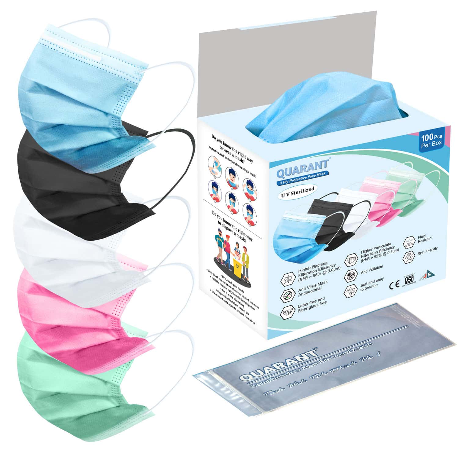 Quarant 3 Ply Assorted Surgical Face Mask With Adjustable Nose Pin | Uv Sterilized - Pack Of 100