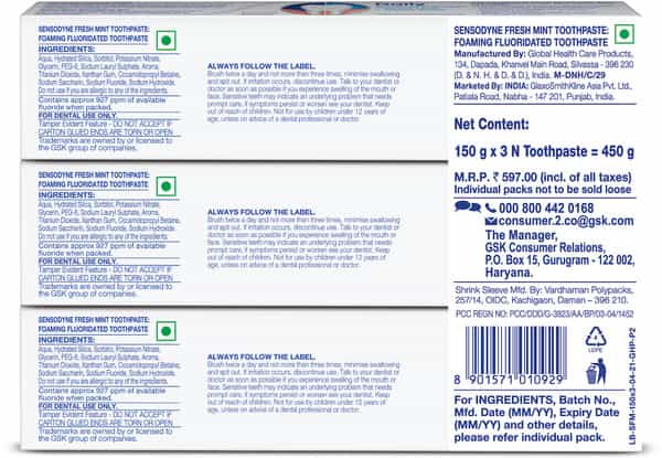 Sensodyne Toothpaste: Fresh Mint For Daily Protection 450 G Combo Pack (150 G - Buy 2 Get 1 Free)