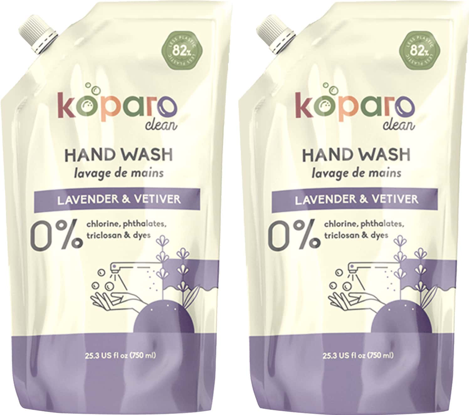 Koparo Hand Wash Lavender - Ph Controlled & Hypoallergenic - Child Safe - Refill Pack - (2 X 750 Ml)
